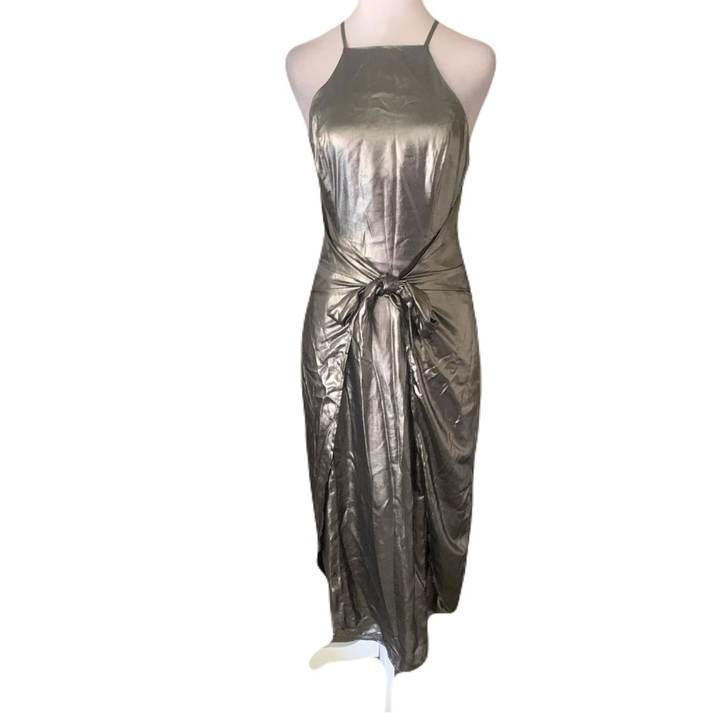NWT Privacy Please Women’s Small Silver Tie-Front Halter Midi Dress Cocktail